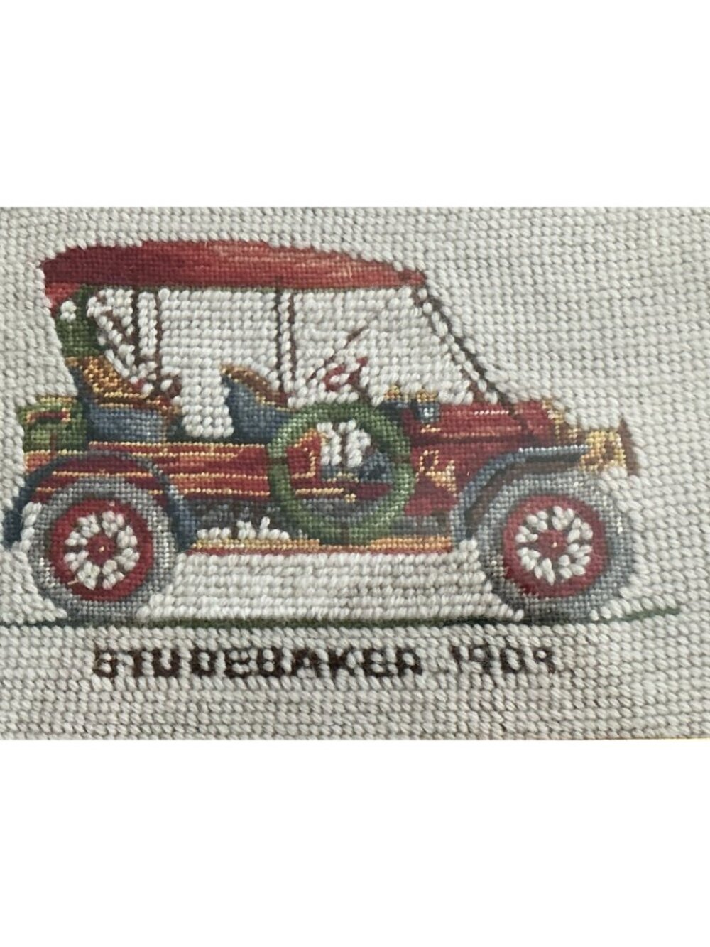 Pair Vintage Framed Needlepoint Antique Cars Studebaker & Cadillac 10.5x7.5 - Picture 3 of 7